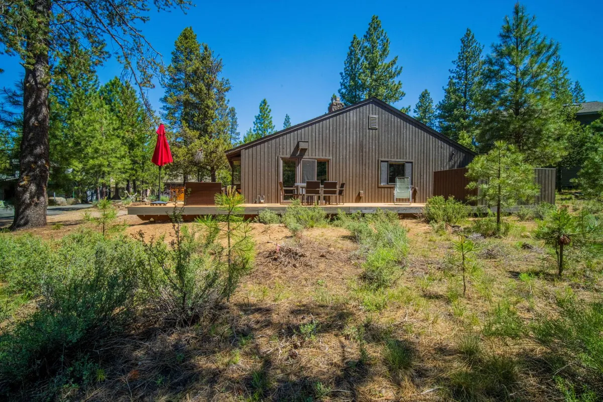 An inviting wooden deck nestled among tall trees, complete with outdoor seating and a red umbrella. The space exudes tranquility and offers a perfect spot for evening stargazing or morning coffee surrounded by nature's winter calm.